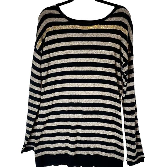 MUDD THIN SWEATER LONG SLEEVE STRIPED BLACK/GOLD SHIMMER SEQUIN COTTON BLEND - Picture 7 of 10